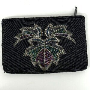 Neiman Marcus Black Beaded Clutch Coin Purse Pouch Intricate Iridescent Zip